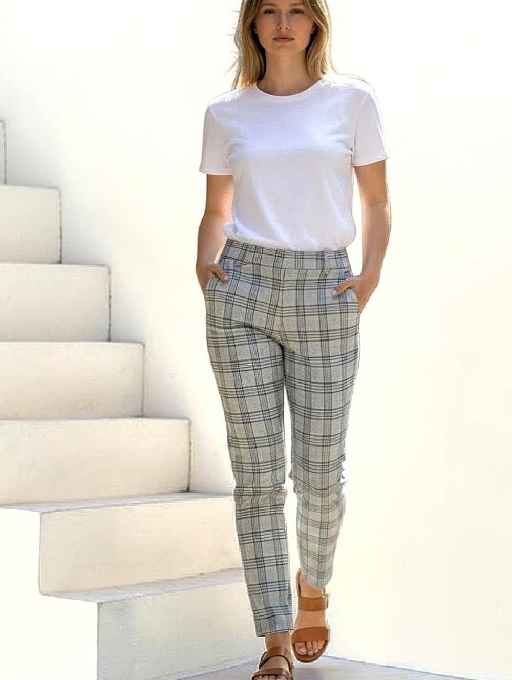 Zara Gray Plaid Dress Pants Mid Rise Straight Leg Sz S Office Casual Preppy